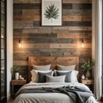 Bedroom with a bed, night stands, rustic wood accent wall behind bed, and large window