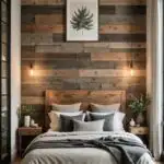 Bedroom with a bed, night stands, rustic wood accent wall behind bed, and large window