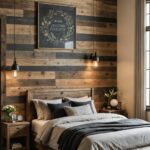 Bedroom with a bed, night stands, rustic wood accent wall behind bed and on the ceiling, and large window