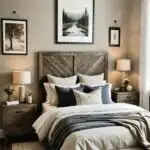 Bedroom with a bed, night stands, rustic wood headboard