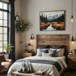 Bedroom with a bed, night stands, rustic wood headboard, high ceilings and large window