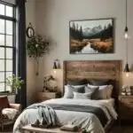 Bedroom with a bed, night stands, rustic wood headboard, high ceilings and large window