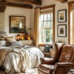 Bedroom with a bed, wood beams on the ceiling, and windows