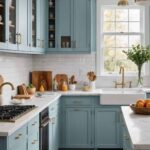 Kitchen with light blue cabinets, white counters and gold fixtures