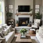 Living room with taupe walls , couches, fireplace and tv on wall