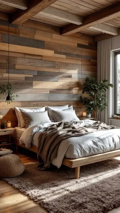 Bedroom with a bed, large window, rustic wood accent wall and ceiling