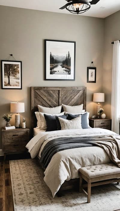 Bedroom with a bed, night stands, rustic wood headboard