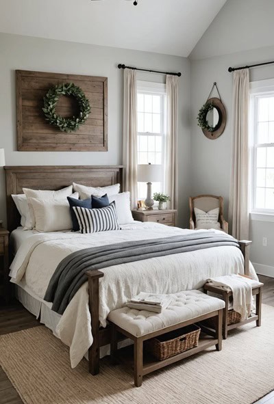 Bedroom with a bed, ceiling fan, and windows