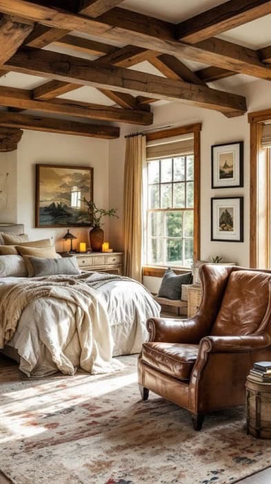 Bedroom with a bed, wood beams on the ceiling, and windows