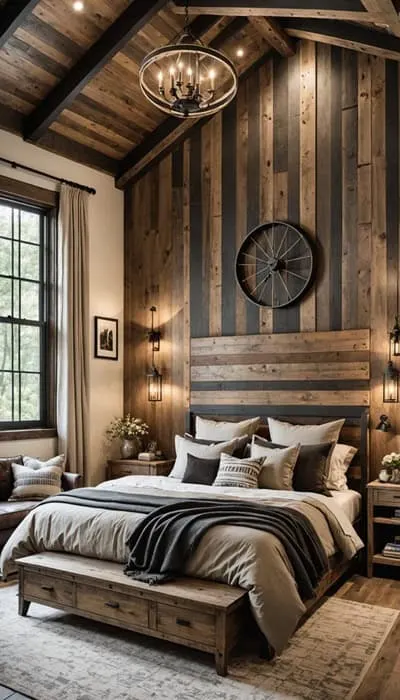 Bedroom with a bed, large window, rustic wood accent wall and ceiling