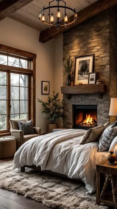 Bedroom with a bed, large window, stone fireplace and chair