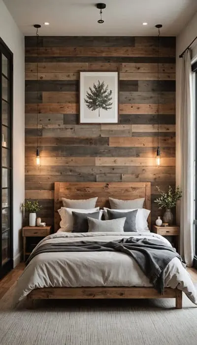 Bedroom with a bed, night stands, rustic wood accent wall behind bed, and large window