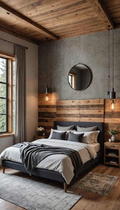 bedroom with a bed, mirror and wood accent wall