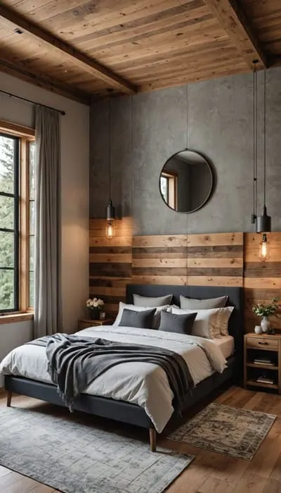 bedroom with a bed, mirror and wood accent wall