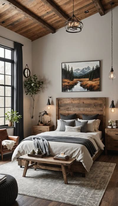 Bedroom with a bed, night stands, rustic wood headboard, high ceilings and large window