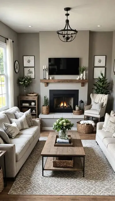 Living room with taupe walls , couches, fireplace and tv on wall