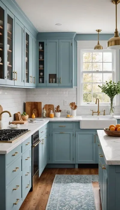 cabinets, white counters and gold fixtures