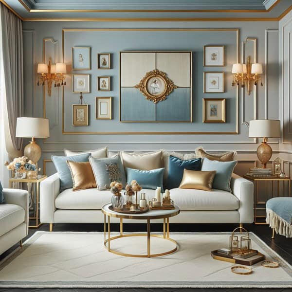 living room with blue walls and gold detail molding, light couch with pillows and art on the walls