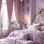 a fairy tail purple bedroom with detailed walls and high ceilings