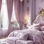 a fairy tail purple bedroom with detailed walls and high ceilings