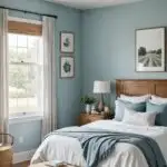 bedroom with blue walls, queen size bed, window and art on the walls