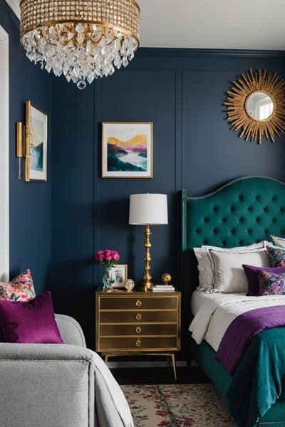 bedroom with dark blue walls, gold chandelier, and bed in a jewel toned color palette