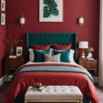 bedroom with dark red walls, bed , nightstands and art on the walls