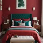 bedroom with dark red walls, bed , nightstands and art on the walls