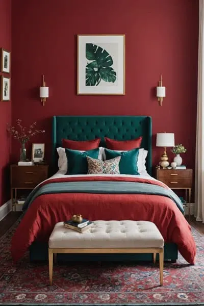 bedroom with dark red walls, bed , nightstands and art on the walls