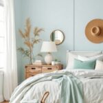 coastal style bedroom with light blue walls, bed and night stand