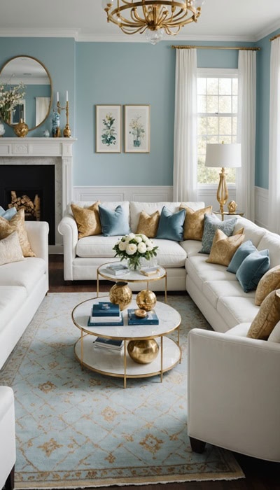 traditional style living room with light blue walls, white sectional couch with blue and gold pillows and fireplace