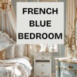 extravagant bedroom with canopy bed, light blue walls,