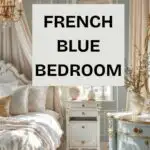 extravagant bedroom with canopy bed, light blue walls,