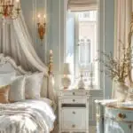 extravagant bedroom with canopy bed, light blue walls