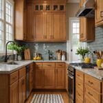 kitchen with honey oak cabinets, light counters , blue tile backsplash and dark cabinet hardware