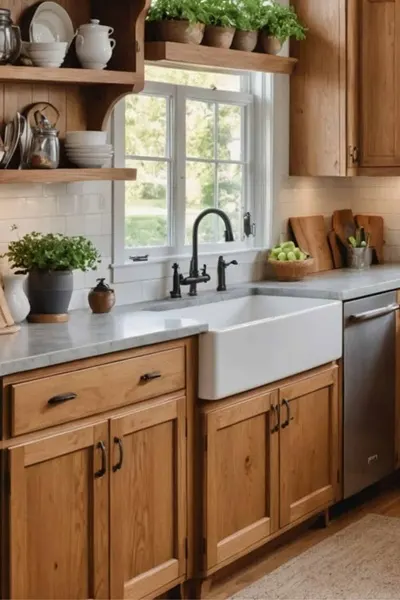 kitchen with honey oak cabinets, light counters , white tile backsplash and dark cabinet hardware 