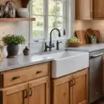 kitchen with honey oak cabinets, light counters , white tile backsplash and dark cabinet hardware