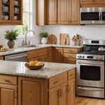 kitchen with honey oak cabinets, light counters , white tile backsplash and dark cabinet hardware