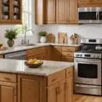 kitchen with honey oak cabinets, light counters , white tile backsplash and dark cabinet hardware