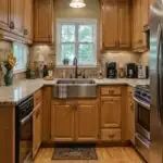 kitchen with honey oak cabinets, tan counters , tile backsplash and dark cabinet hardware