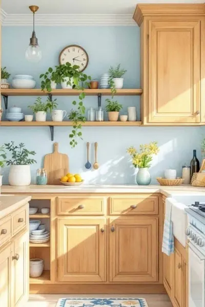 kitchen with honey oak cabinets, white counters ,open shelves and blue walls