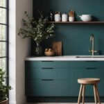 kitchen with teal cabinets, large window and stool.