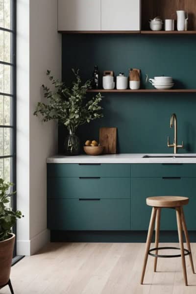 kitchen with teal cabinets, large window and stool.