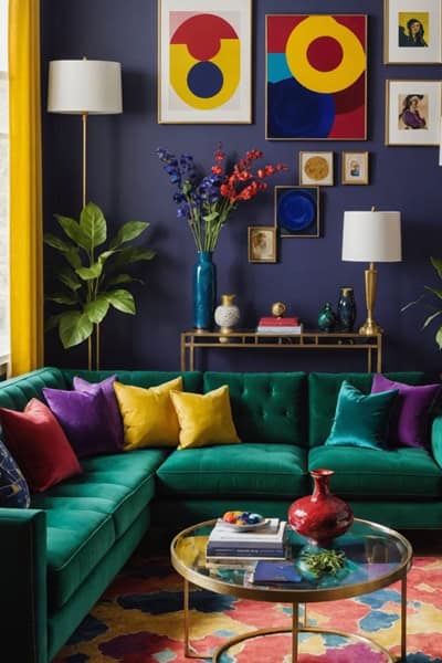 living room with dark blue walls, emerald colored couch, and colorful wall art