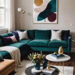 living room with neutral walls, green couch, window and art on the walls