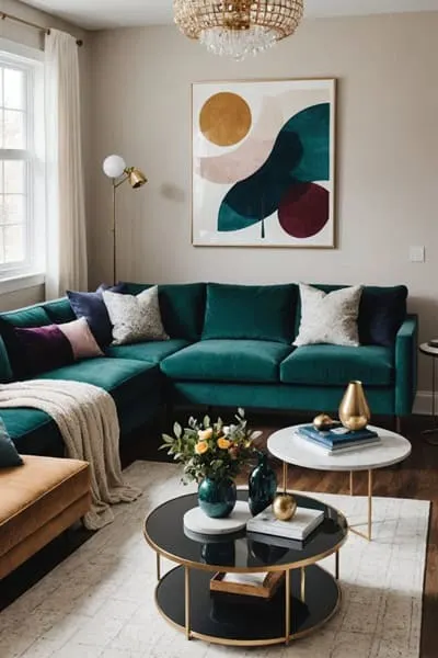 living room with neutral walls, green couch, window and art on the walls