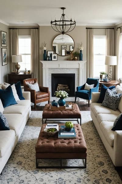 living room with tan walls, fireplace couches and two windows