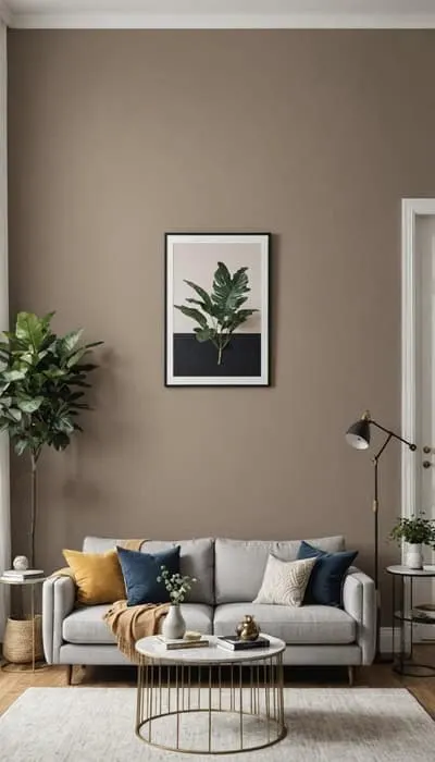 Living room with a gray love seat, taupe walls and art on the wall