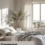 neutral Bedroom with bed, large window and wood beams on the ceiling