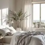 neutral Bedroom with bed, large window and wood beams on the ceiling